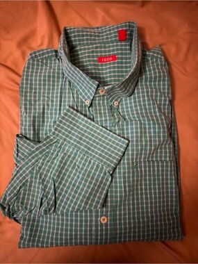 Izod Teal and White Check Button-Down Shirt